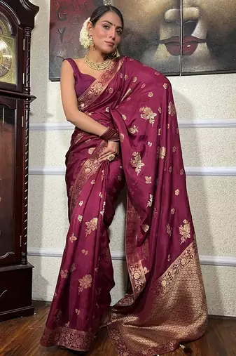 Wine silk blend jacuard work festival saree with unstitched blouse piece