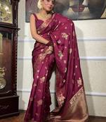 Wine silk blend jacuard work festival saree with unstitched blouse piece