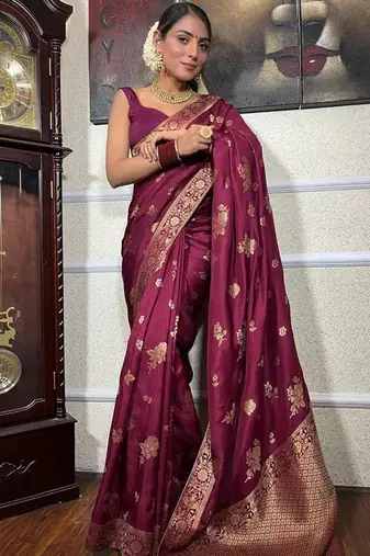 Wine silk blend jacuard work festival saree with unstitched blouse piece