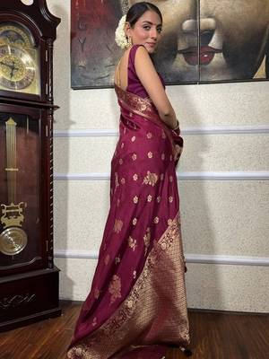 Wine silk blend jacuard work festival saree with unstitched blouse piece 3