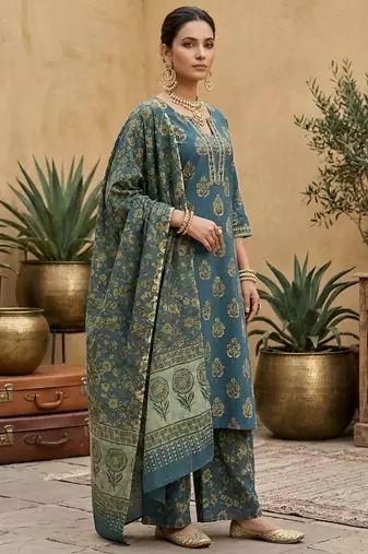 Teal green floral printed straight kurta set for women