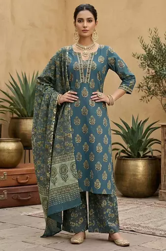 Teal green floral printed straight kurta set for women