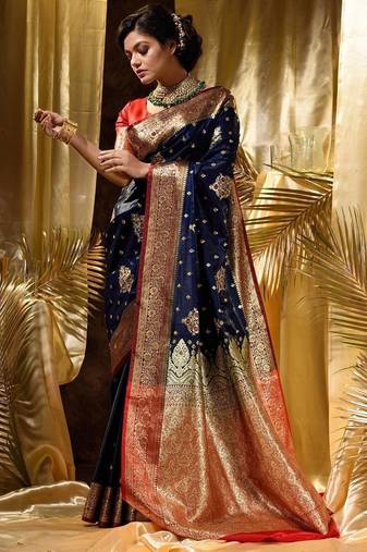 Blue red silk blend jacuard work festival saree with unstitched blouse piece
