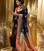 Blue red silk blend jacuard work festival saree with unstitched blouse piece