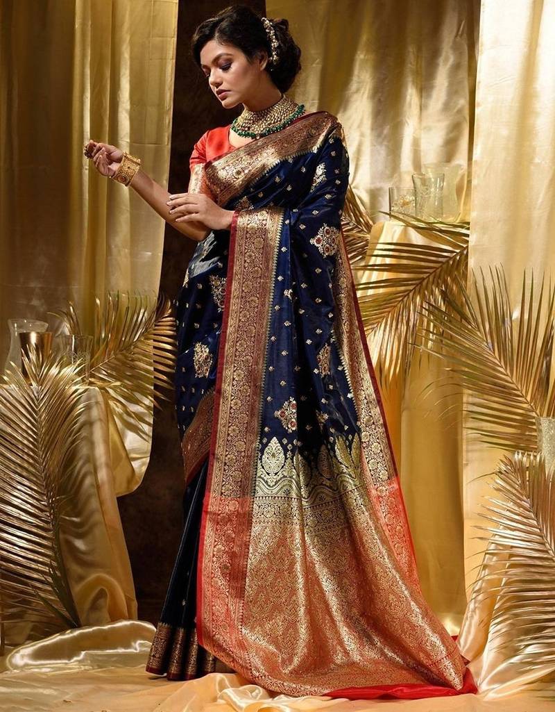Blue red silk blend jacuard work festival saree with unstitched blouse piece