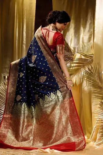 Blue red silk blend jacuard work festival saree with unstitched blouse piece
