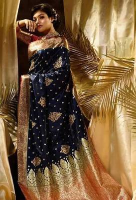 Blue red silk blend jacuard work festival saree with unstitched blouse piece 3