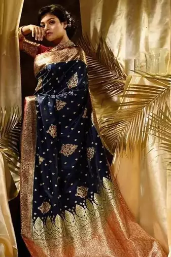 Blue red silk blend jacuard work festival saree with unstitched blouse piece