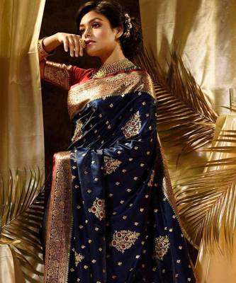 Blue red silk blend jacuard work festival saree with unstitched blouse piece 4