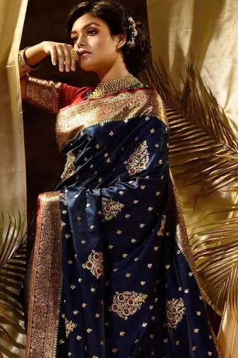 Blue red silk blend jacuard work festival saree with unstitched blouse piece