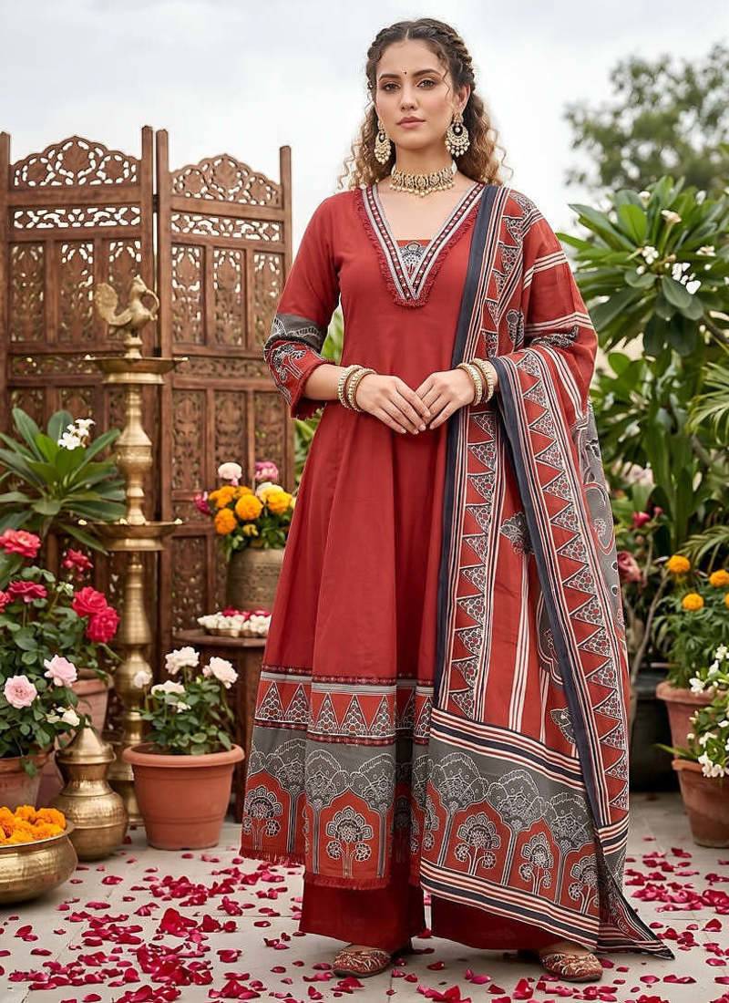 Maroon floral printed anarkali kurta set for women