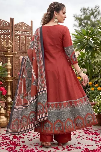 Maroon floral printed anarkali kurta set for women