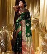 Green red silk blend jacuard work festival saree with unstitched blouse piece