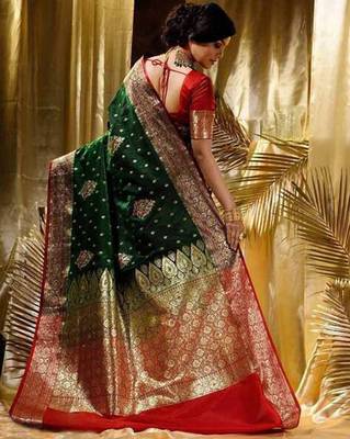 Green red silk blend jacuard work festival saree with unstitched blouse piece 2