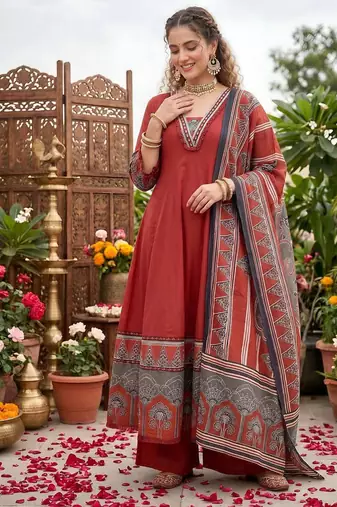 Maroon floral printed anarkali kurta set for women
