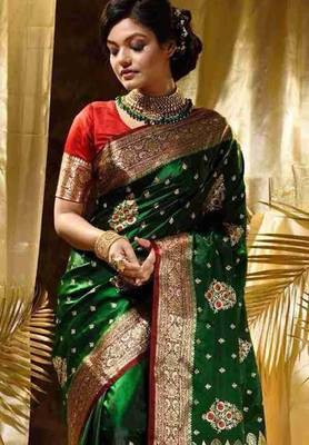 Green red silk blend jacuard work festival saree with unstitched blouse piece 5