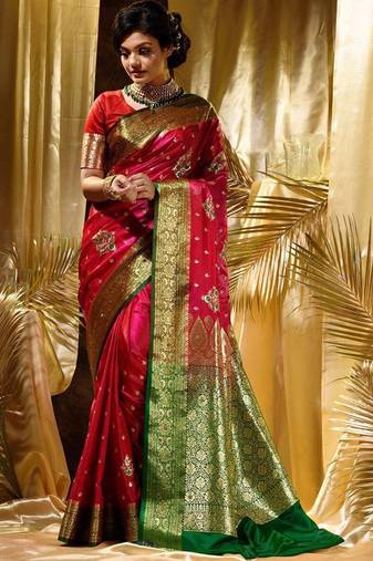 Pink red silk blend jacuard work festival saree with unstitched blouse piece