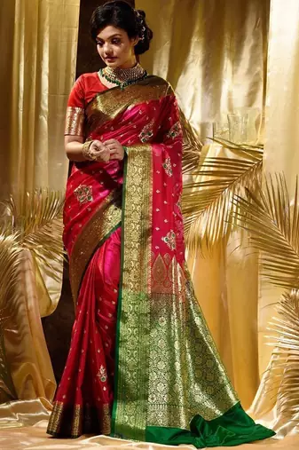 Pink red silk blend jacuard work festival saree with unstitched blouse piece