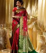 Pink red silk blend jacuard work festival saree with unstitched blouse piece