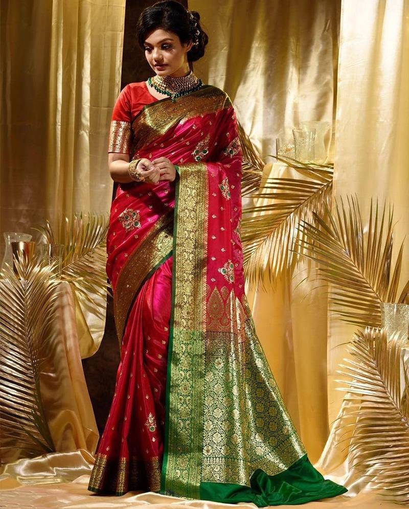Pink red silk blend jacuard work festival saree with unstitched blouse piece