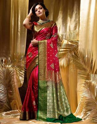 Pink red silk blend jacuard work festival saree with unstitched blouse piece 2