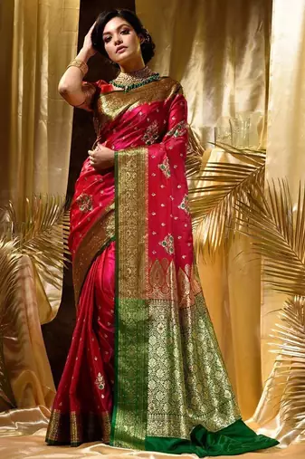 Pink red silk blend jacuard work festival saree with unstitched blouse piece