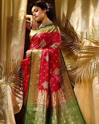 Pink red silk blend jacuard work festival saree with unstitched blouse piece 3