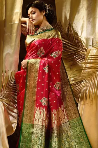 Pink red silk blend jacuard work festival saree with unstitched blouse piece