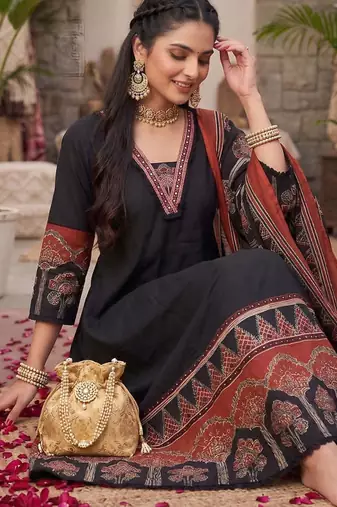 Black floral printed anarkali kurta set for women