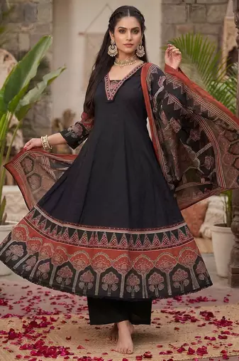 Black floral printed anarkali kurta set for women