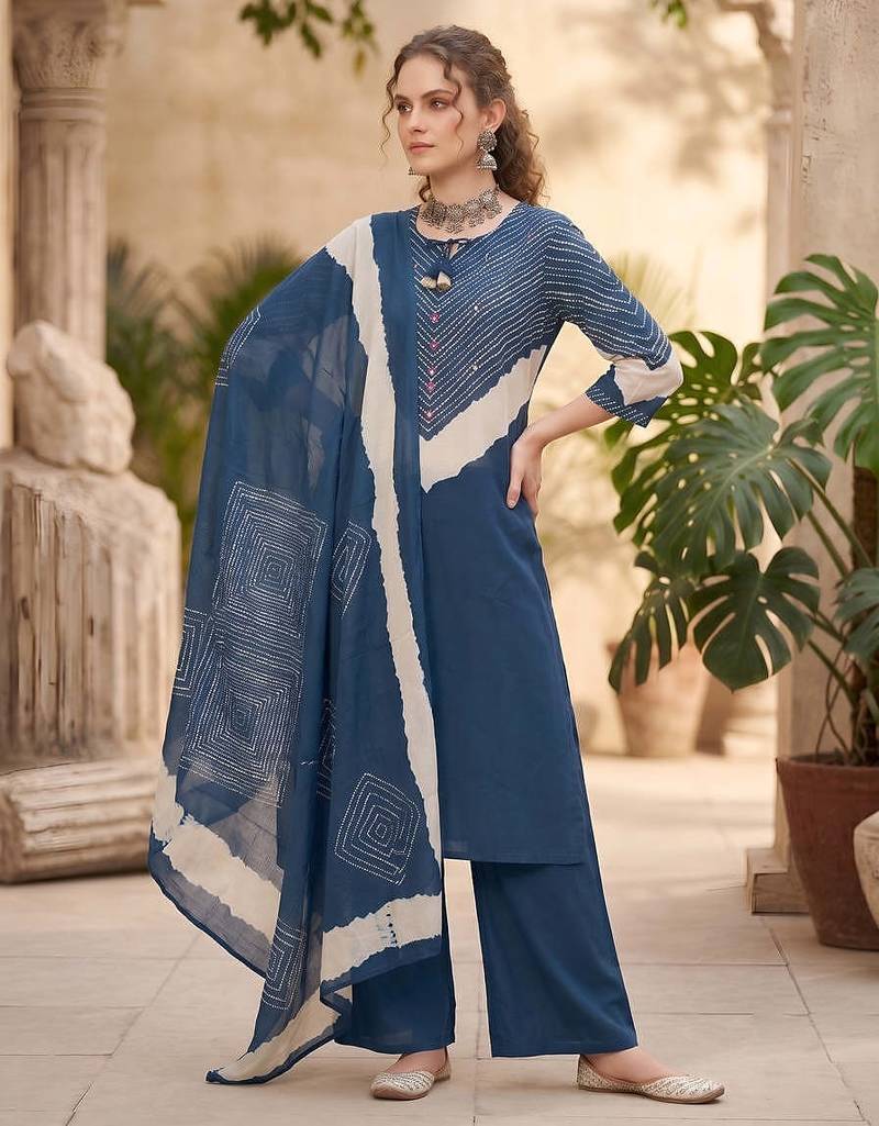 Blue floral printed straight kurta set for women