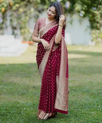 Maroon silk blend jacuard work festival saree with unstitched blouse piece 1