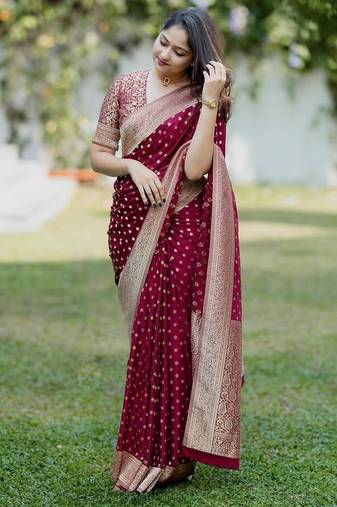 Maroon silk blend jacuard work festival saree with unstitched blouse piece