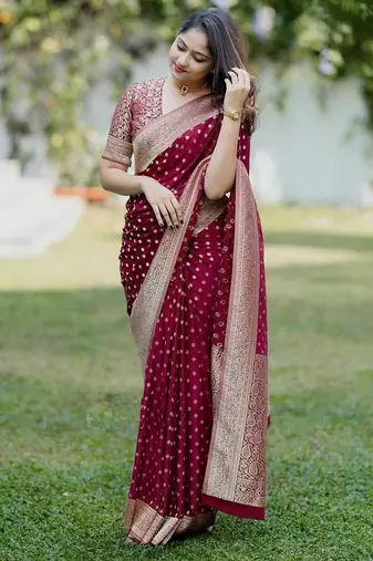 Maroon silk blend jacuard work festival saree with unstitched blouse piece