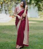 Maroon silk blend jacuard work festival saree with unstitched blouse piece