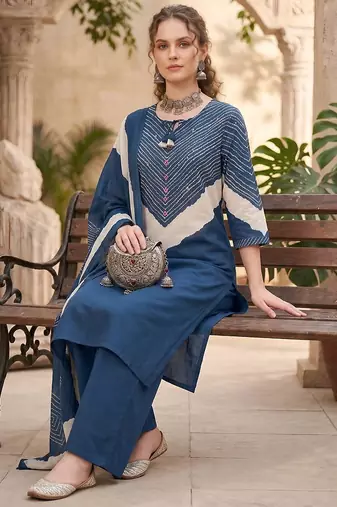 Blue floral printed straight kurta set for women