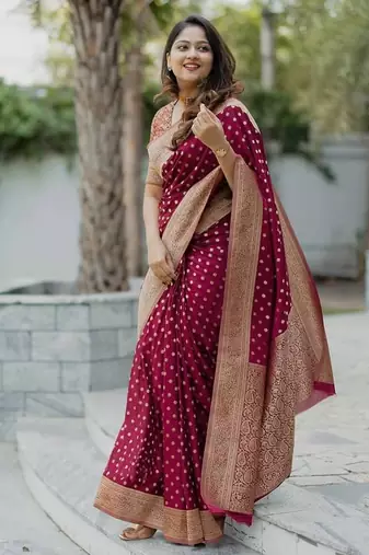 Maroon silk blend jacuard work festival saree with unstitched blouse piece
