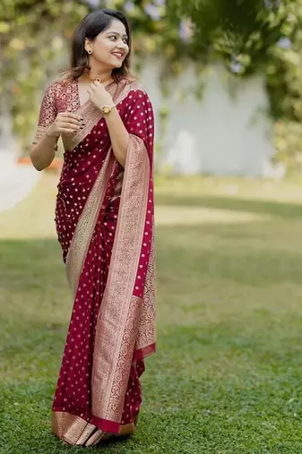 Maroon silk blend jacuard work festival saree with unstitched blouse piece