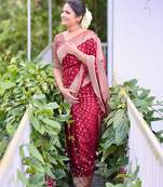 Maroon silk blend jacuard work festival saree with unstitched blouse piece