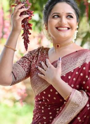 Maroon silk blend jacuard work festival saree with unstitched blouse piece 3