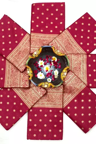 Maroon silk blend jacuard work festival saree with unstitched blouse piece