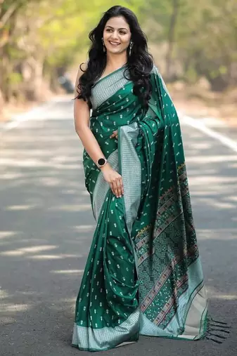 Green silk blend jacuard work festival saree with unstitched blouse piece
