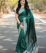 Green silk blend jacuard work festival saree with unstitched blouse piece