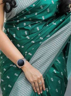Green silk blend jacuard work festival saree with unstitched blouse piece 3