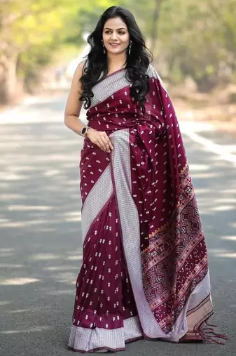 Maroon silk blend jacuard work festival saree with unstitched blouse piece