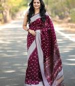 Maroon silk blend jacuard work festival saree with unstitched blouse piece
