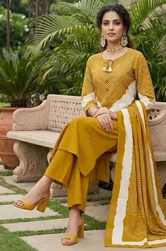 Yellow floral printed straight kurta set for women
