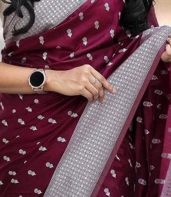 Maroon silk blend jacuard work festival saree with unstitched blouse piece 3