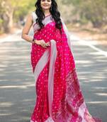 Pink  silk blend jacuard work festival saree with unstitched blouse piece