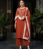 Rust floral printed straight kurta set for women